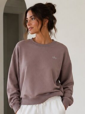 Alo Yoga Accolade Crew Neck Pullover Sweatshirt Mushroom Taupe Oversized L